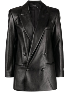 double-breasted faux-leather blazer