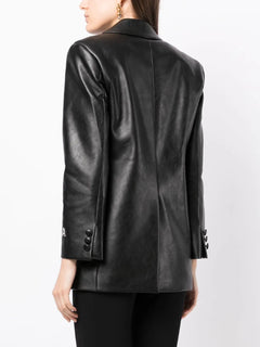 double-breasted faux-leather blazer