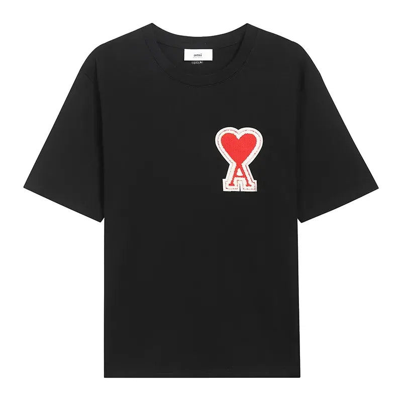 Ami Paris Pure Cotton RED Heart Embroidered Couple Unisex Black T-Shirt