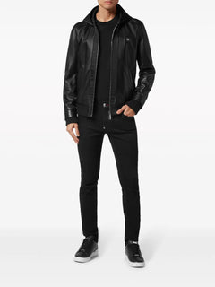 leather and satin hooded bomber jacket