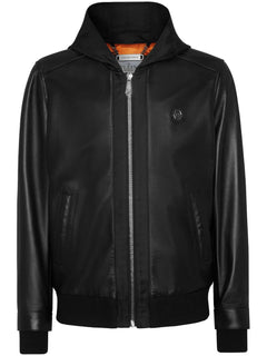 leather and satin hooded bomber jacket