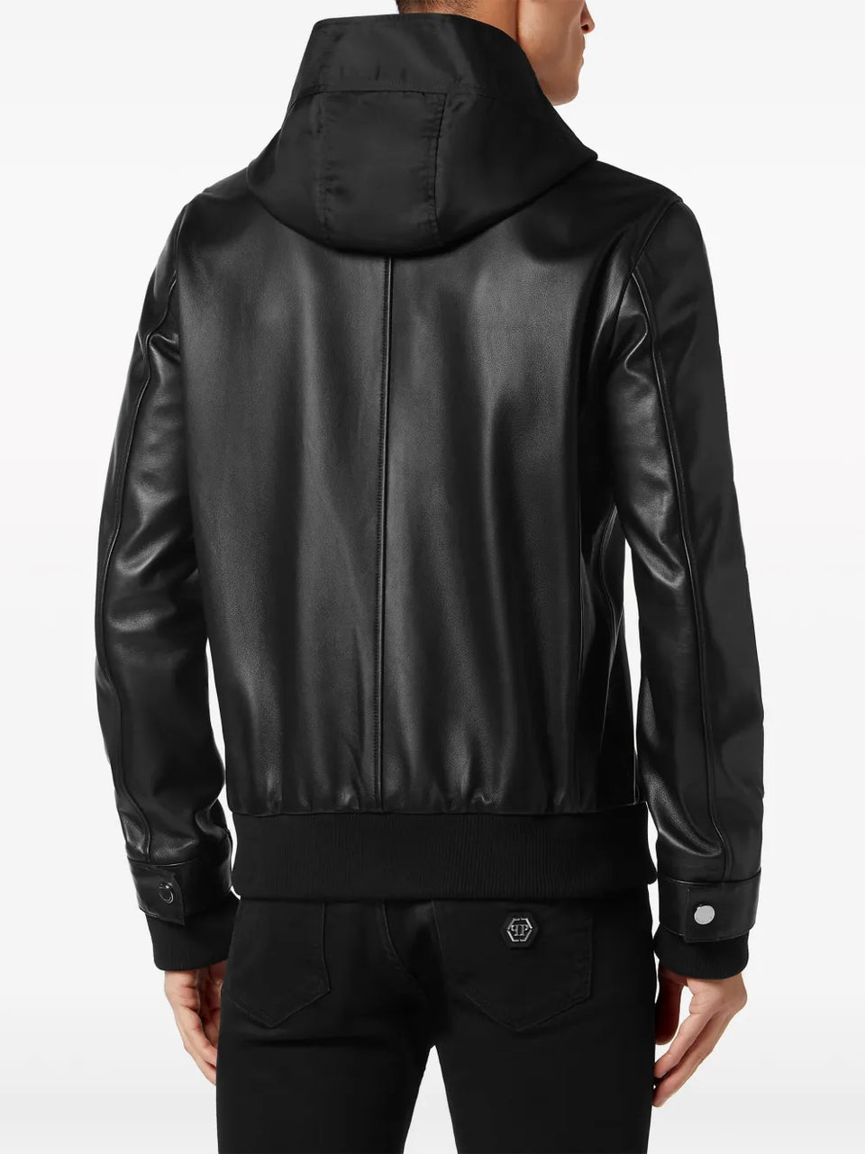 leather and satin hooded bomber jacket