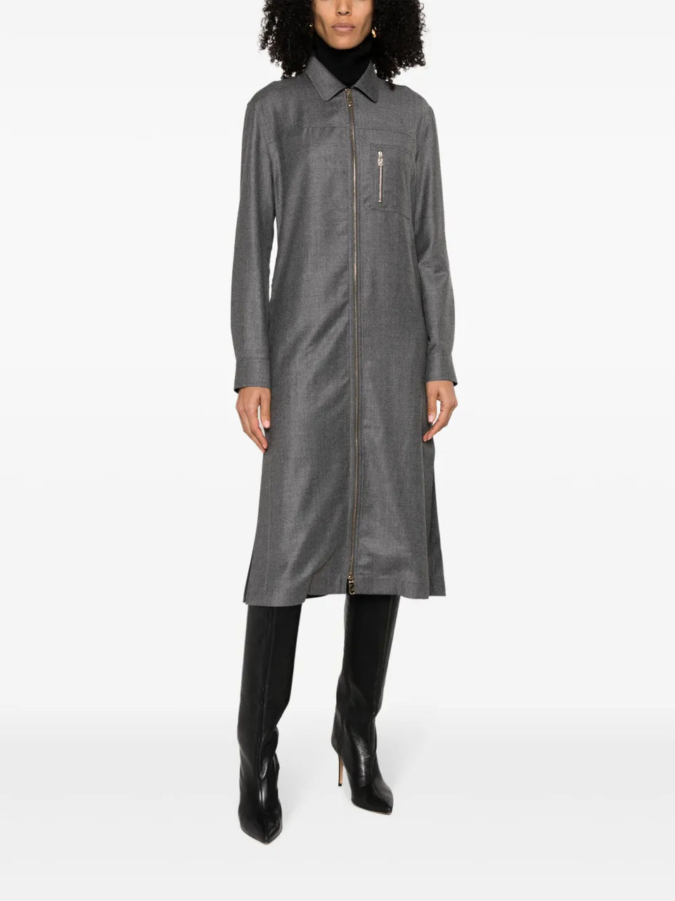 spread-collar pleated midi dress