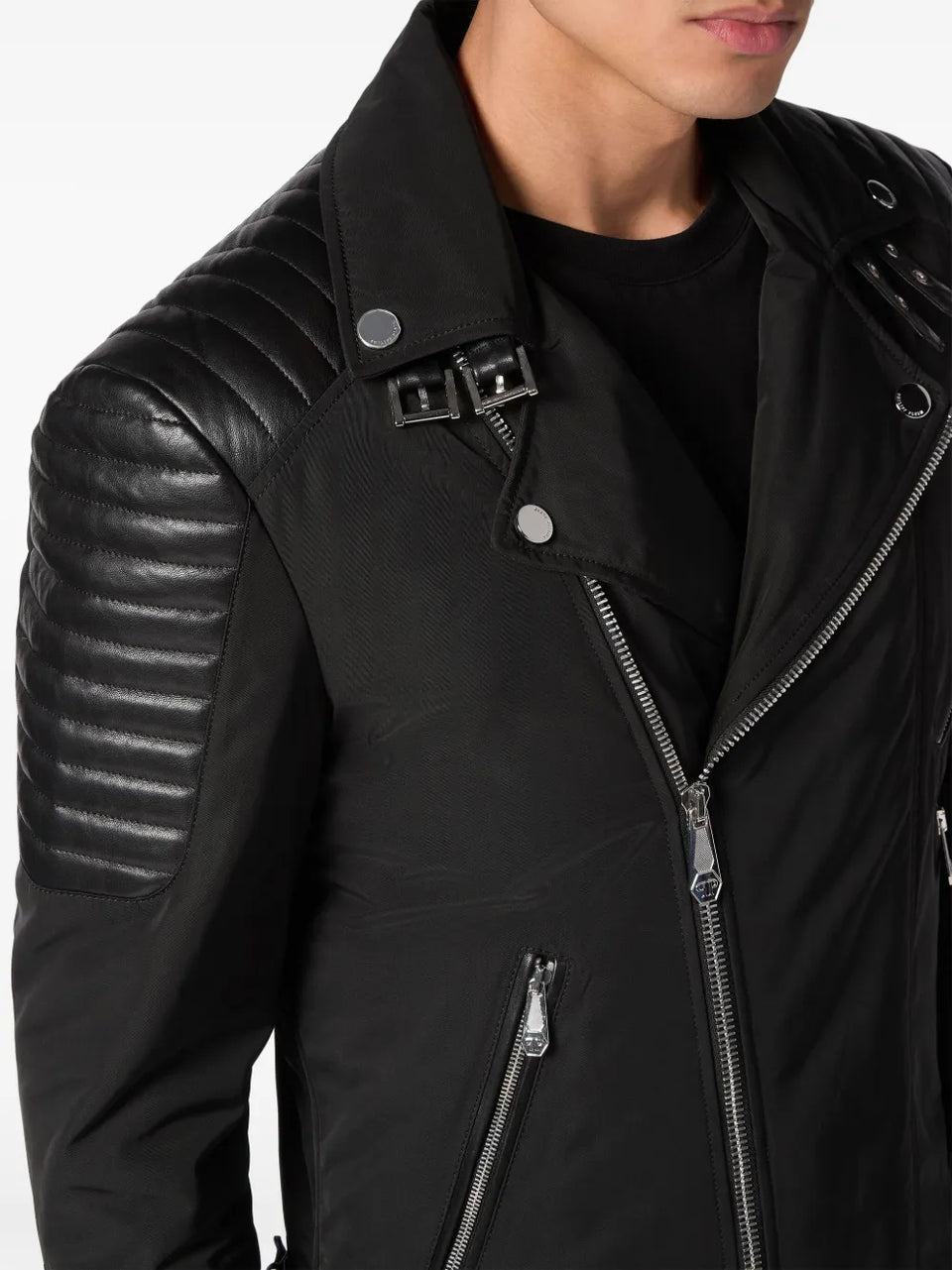 padded-detail leather biker jacket
