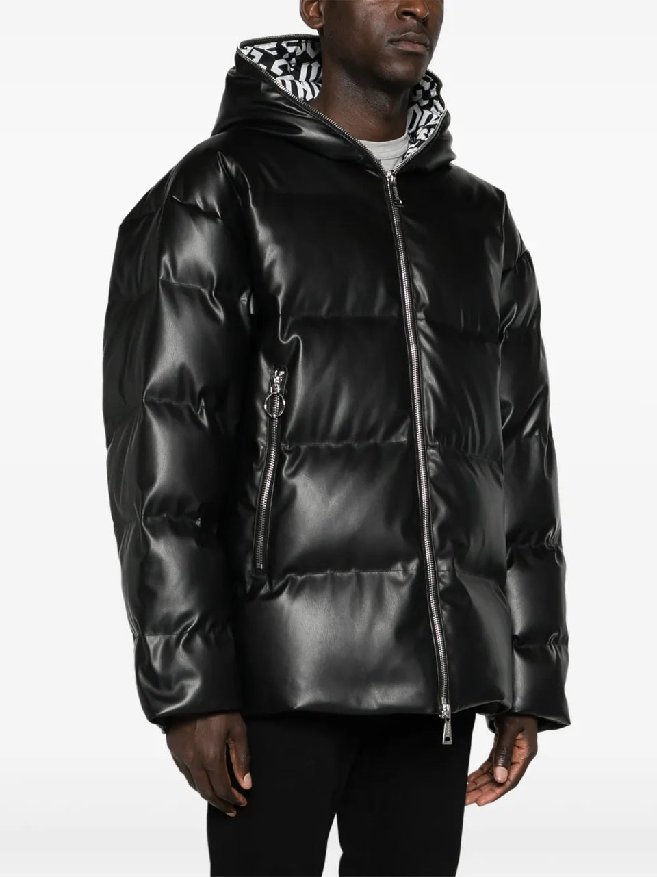 faux-leather hooded down coat