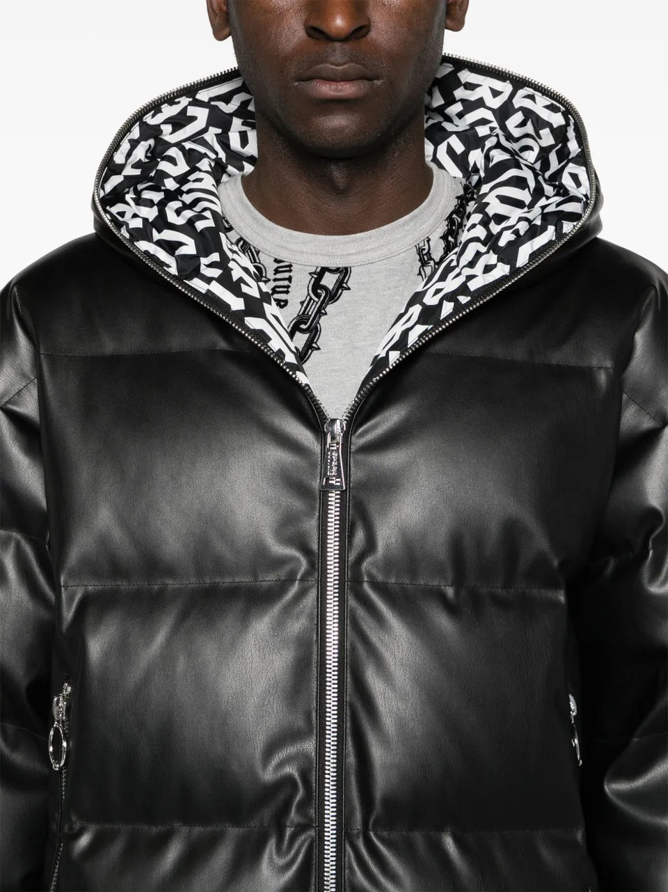 faux-leather hooded down coat