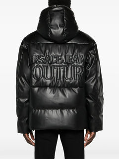 faux-leather hooded down coat