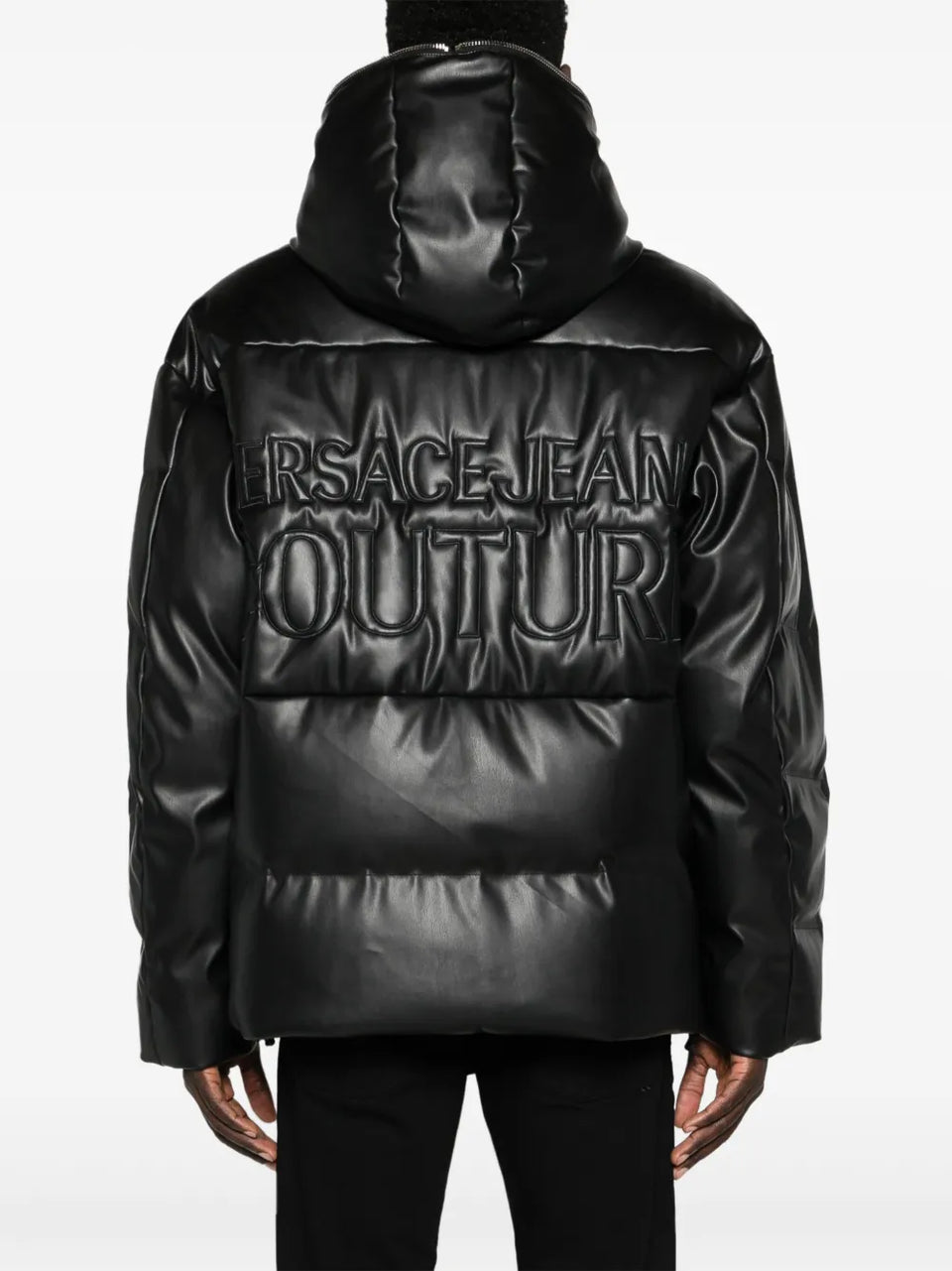 faux-leather hooded down coat