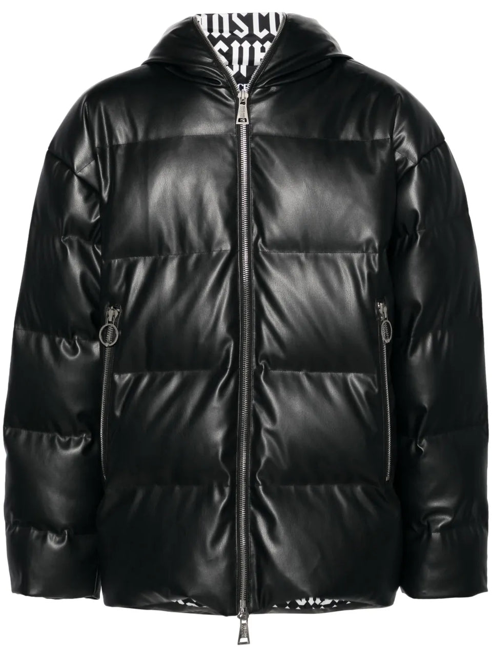 faux-leather hooded down coat