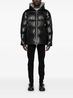 faux-leather hooded down coat