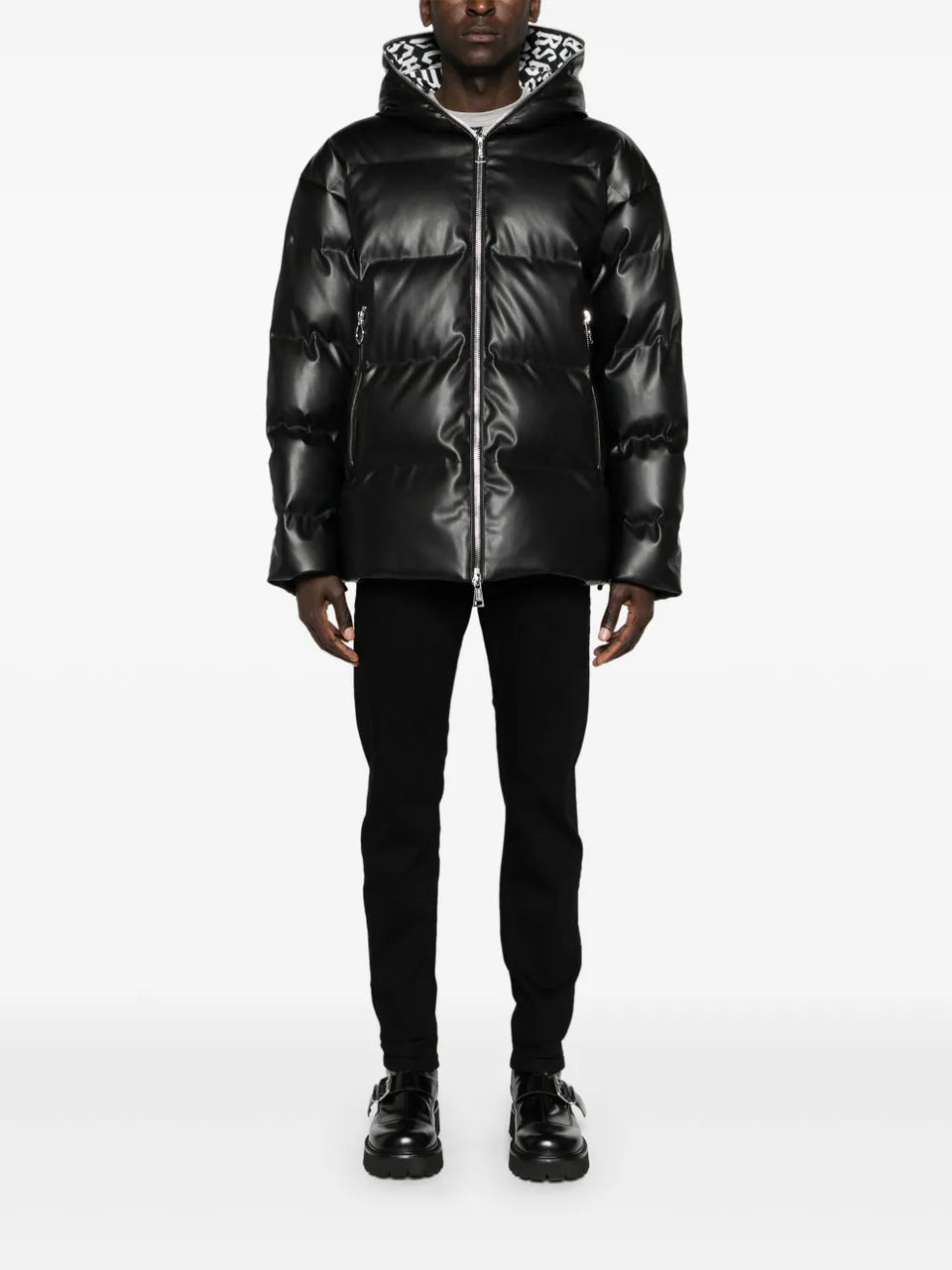 faux-leather hooded down coat