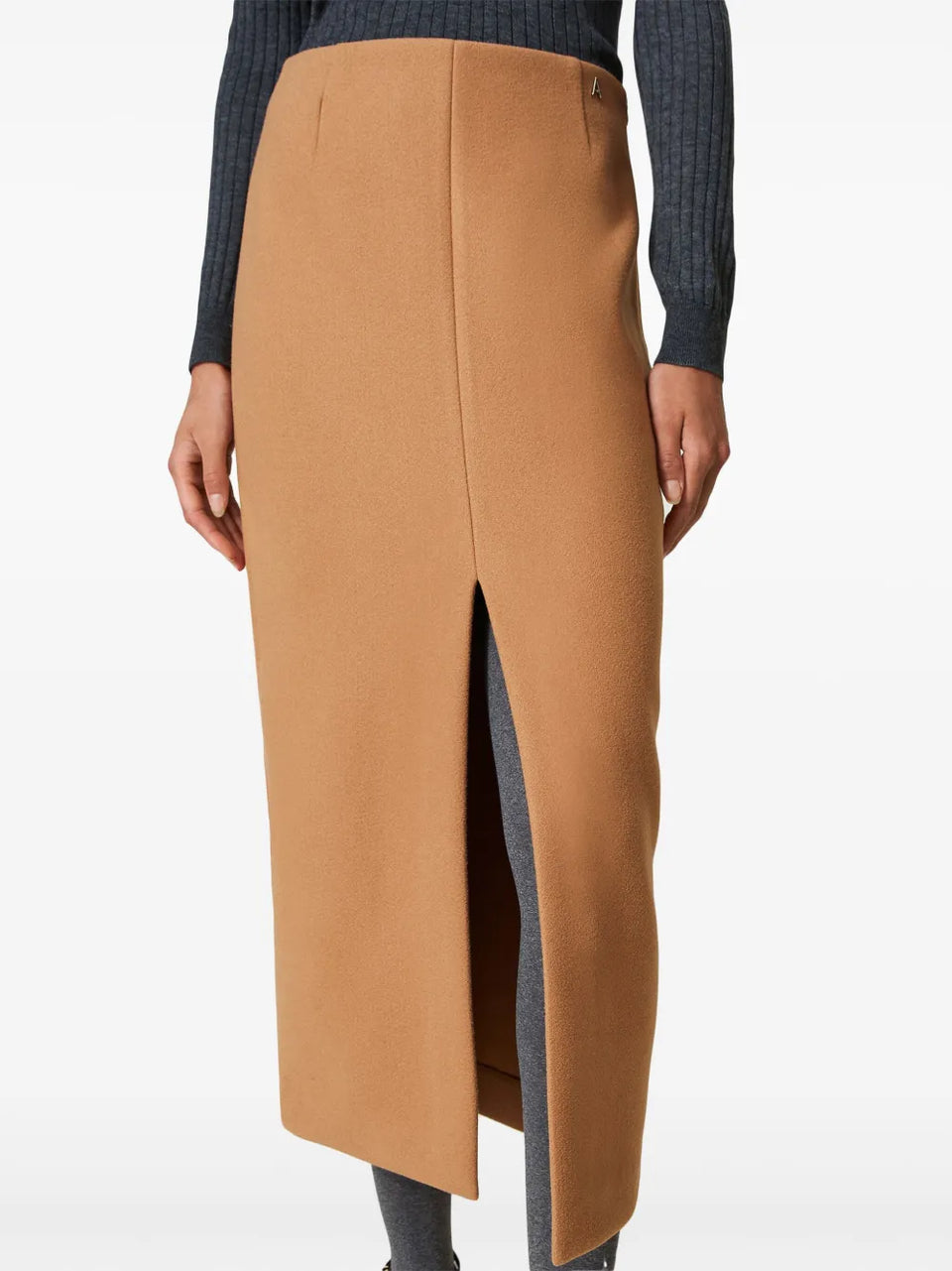 deep front-slit straight midi skirt