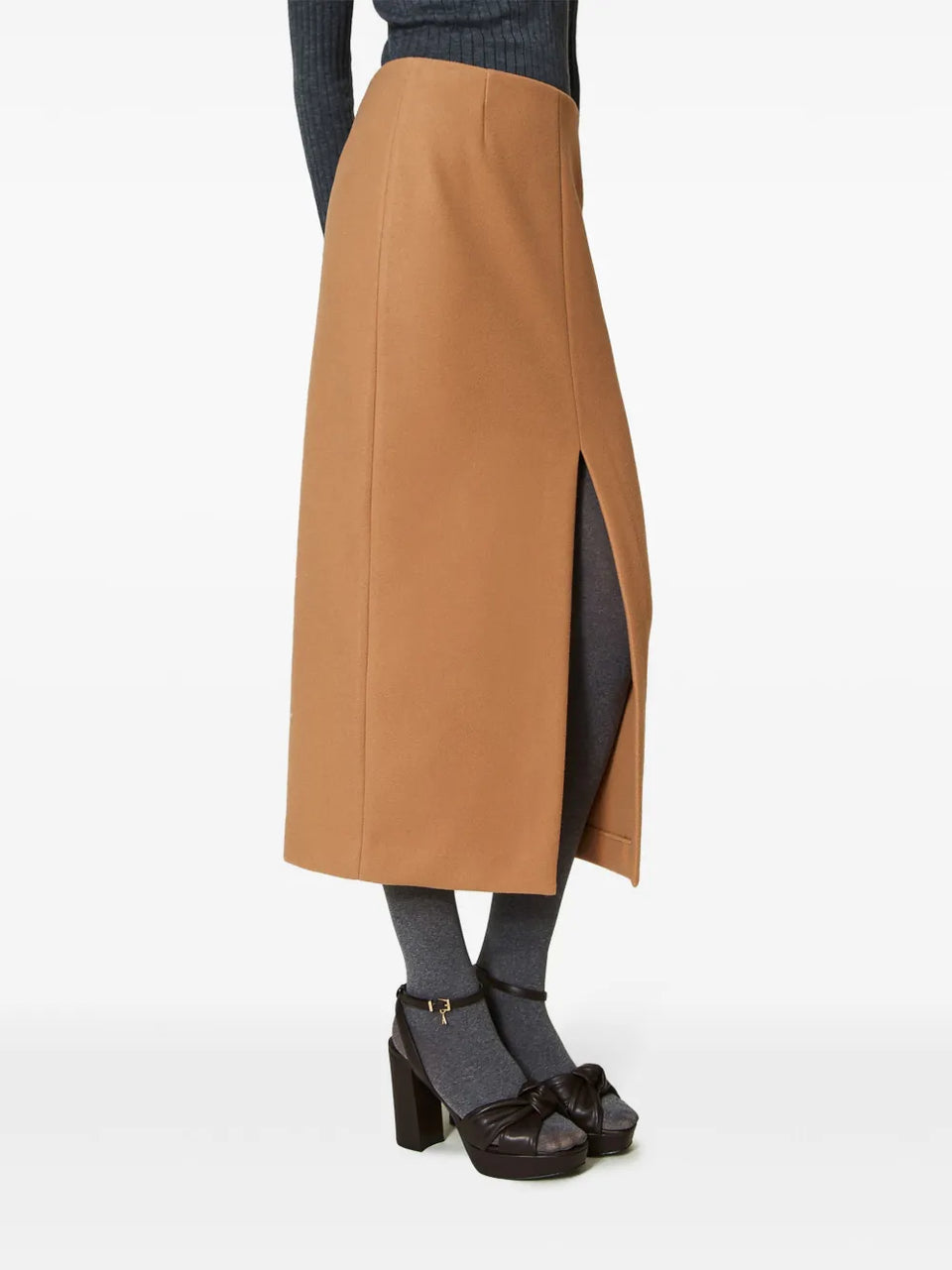 deep front-slit straight midi skirt