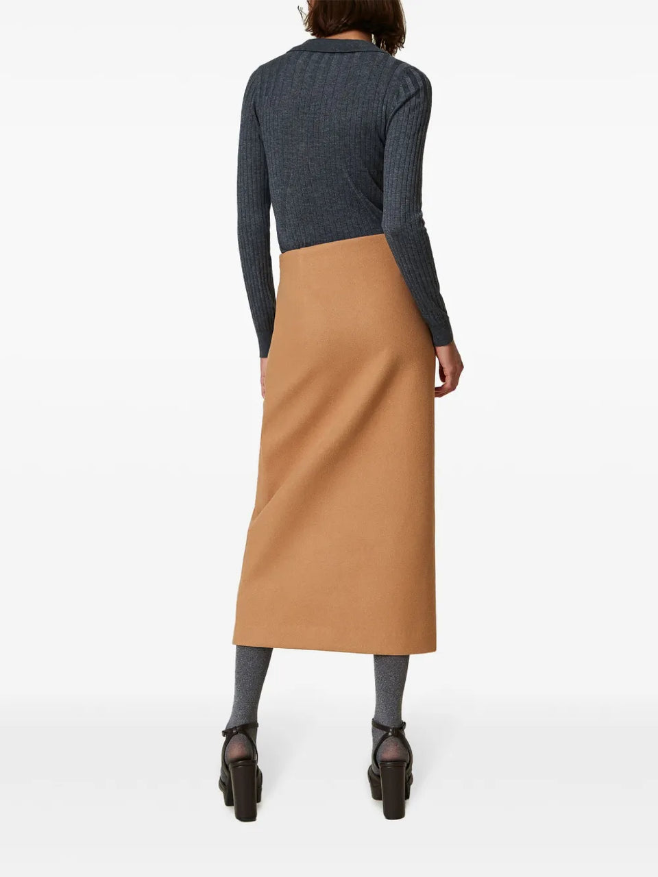 deep front-slit straight midi skirt