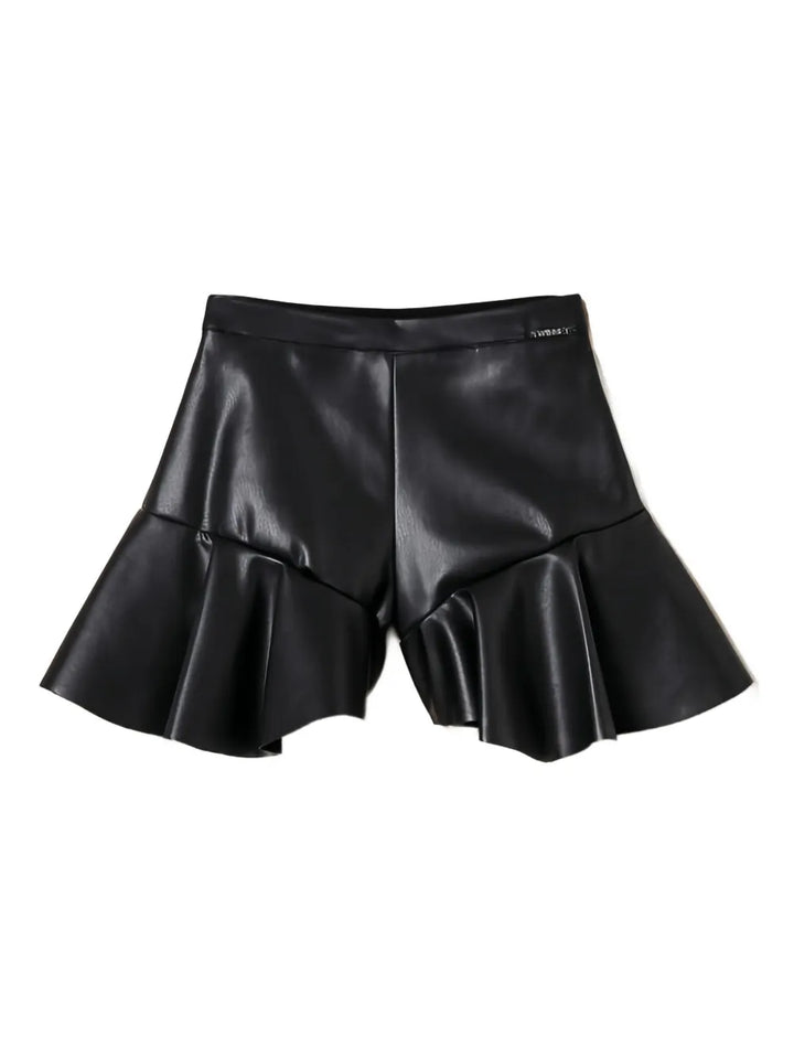ruffled-hem faux-leather shorts
