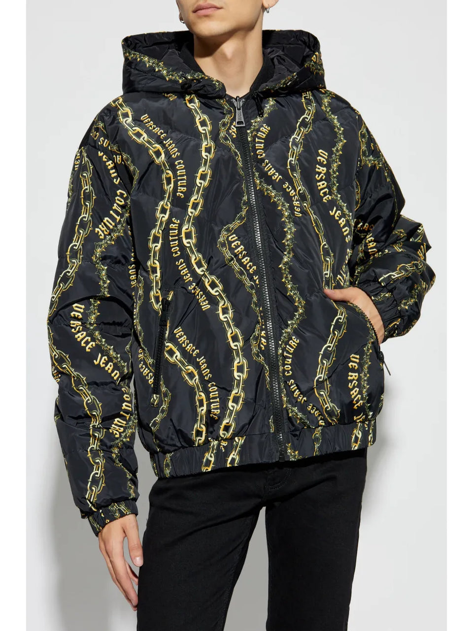 reversible chain-print hooded jacket