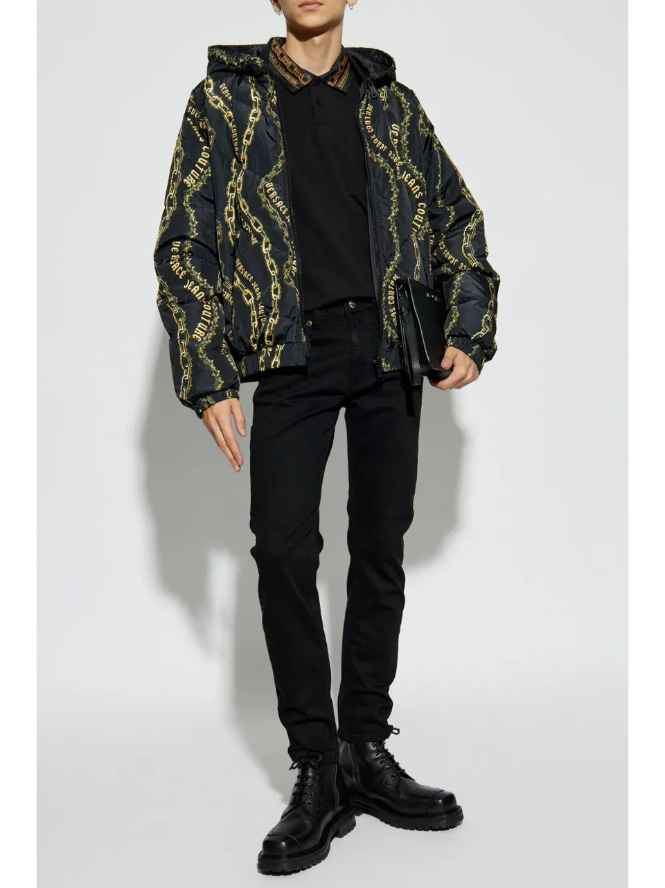 reversible chain-print hooded jacket