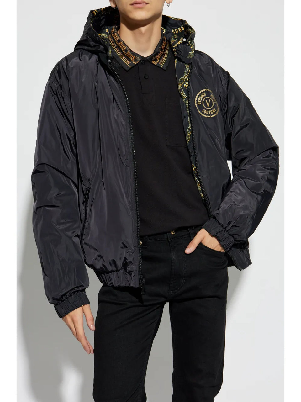 reversible chain-print hooded jacket