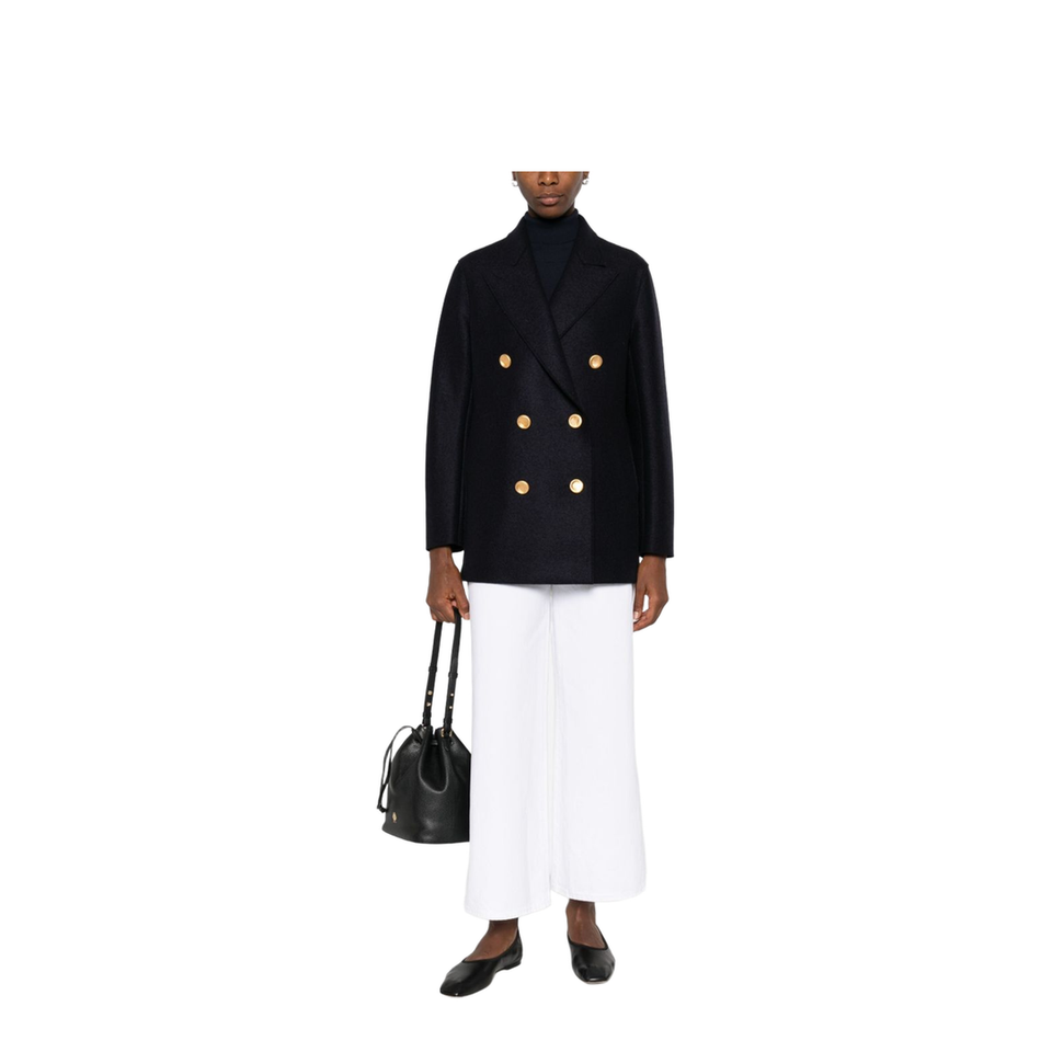 Navy Blue Gold-Button Double-Breasted Coat