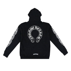 Chrome Hearts Horseshoe Floral Cross-Sleeve Zip Up Hoodie Black/White