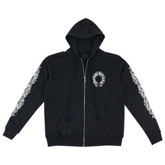 Chrome Hearts Horseshoe Floral Cross-Sleeve Zip Up Hoodie Black/White
