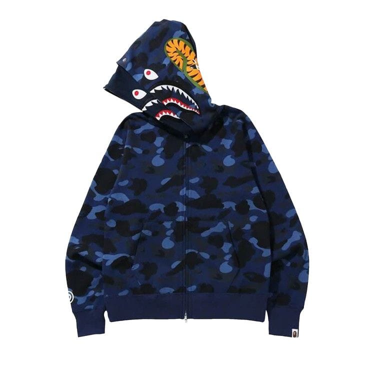 BAPE Color Camo Shark Wide Full Zip Double Hoodie Navy