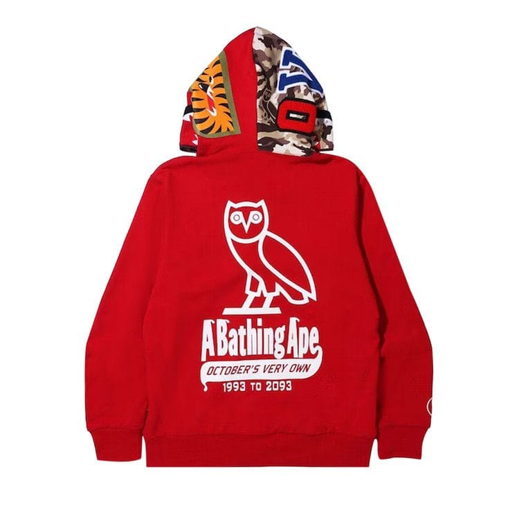 BAPE x OVO Woodland Camo Shark Reversible Full Zip Hoodie Red