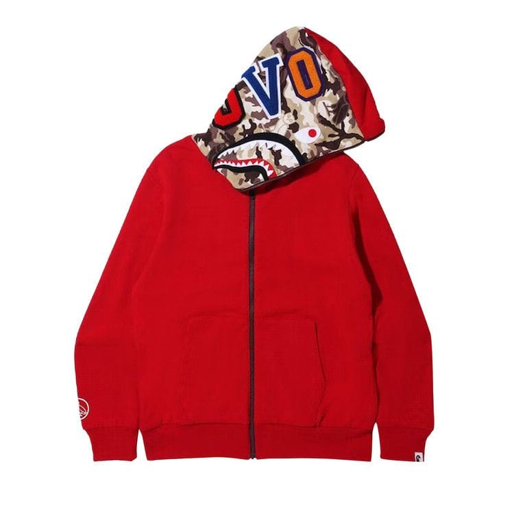 BAPE x OVO Woodland Camo Shark Reversible Full Zip Hoodie Red