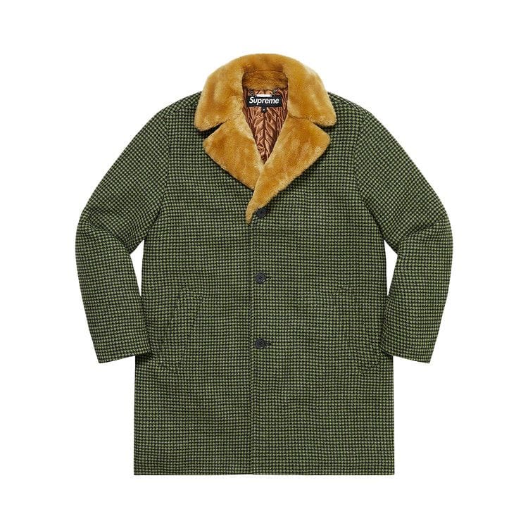 Supreme Fur Collar Car Coat Green Houndstooth