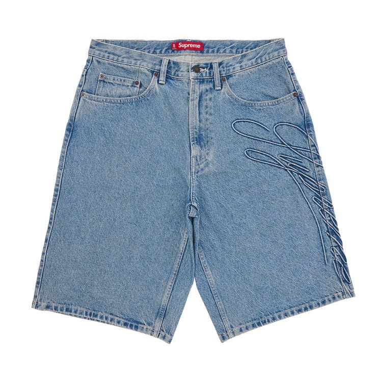 Supreme Script Baggy Denim Shorts Washed Indigo