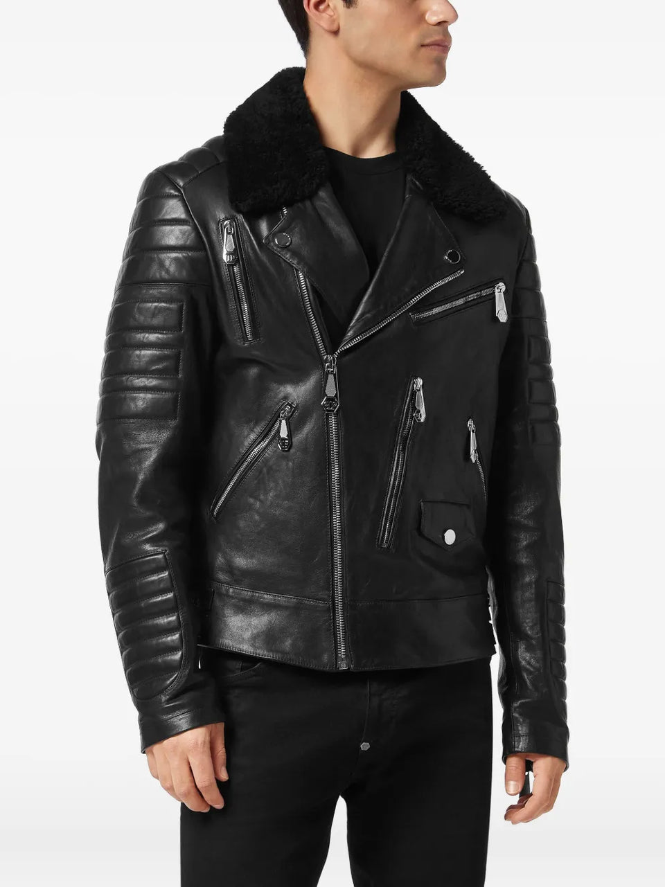 shearling-collared biker jacket