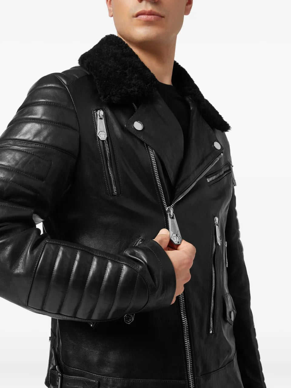 shearling-collared biker jacket