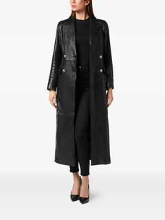 double-breasted leather coat