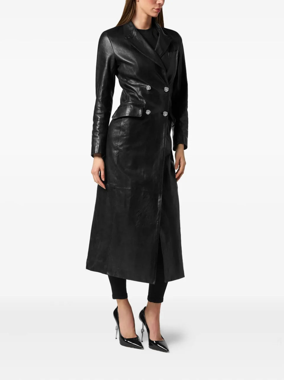 double-breasted leather coat
