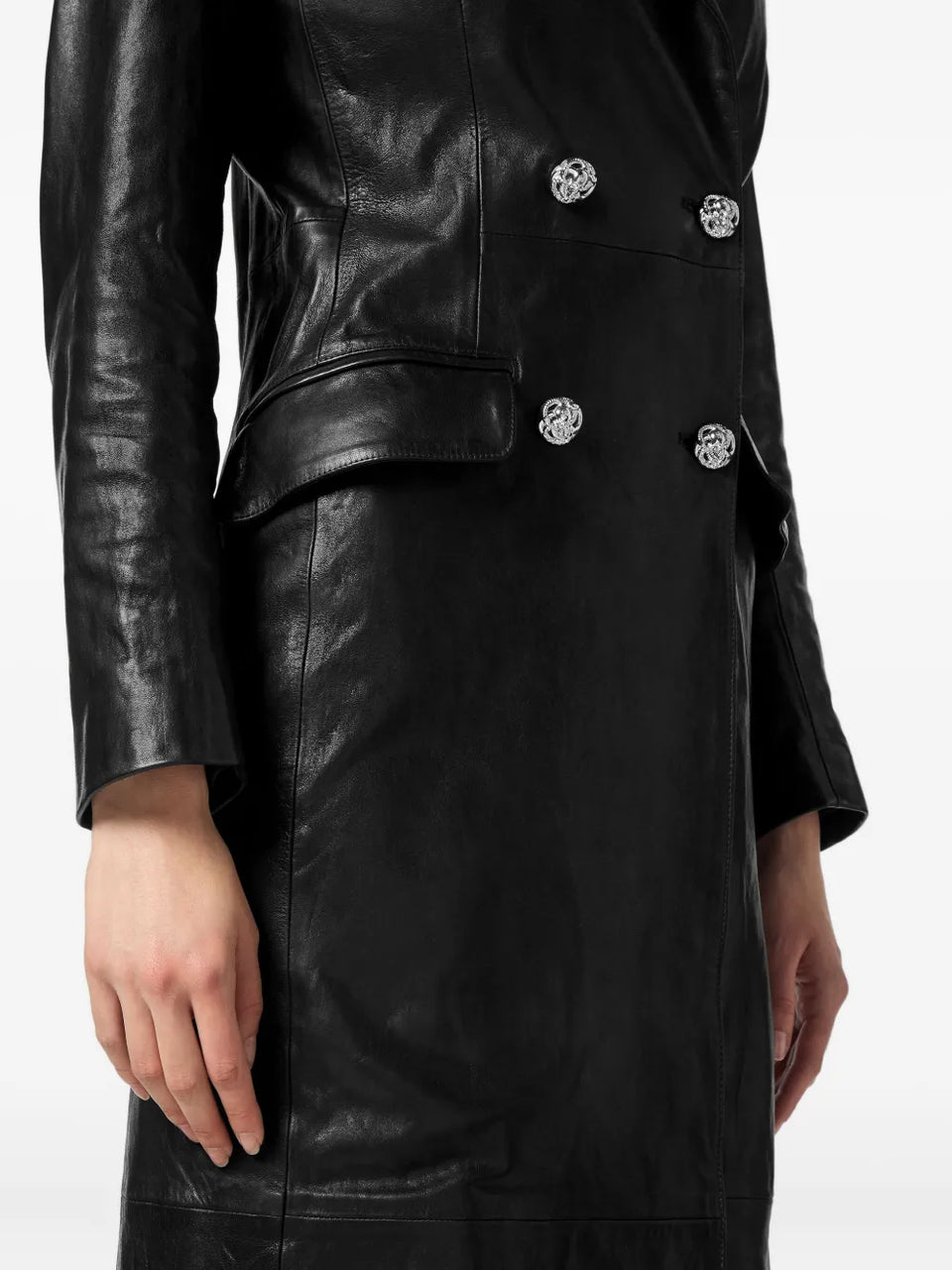double-breasted leather coat