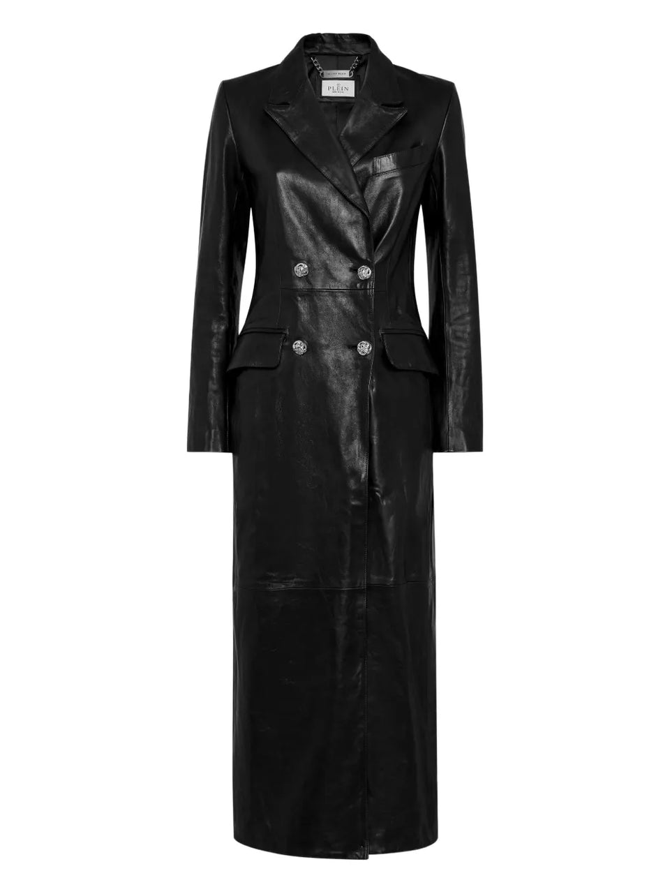 double-breasted leather coat