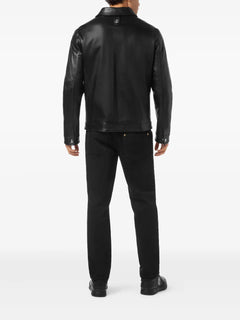 embroidered-logo leather jacket