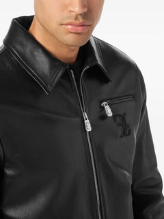 embroidered-logo leather jacket