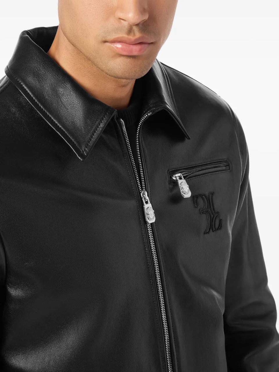 embroidered-logo leather jacket