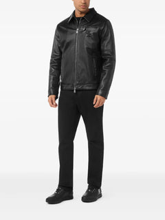 embroidered-logo leather jacket