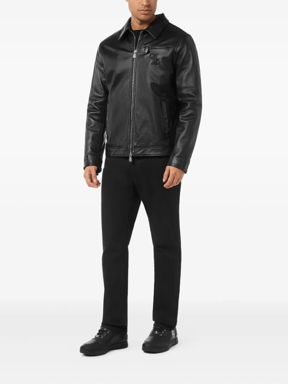 embroidered-logo leather jacket