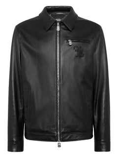 embroidered-logo leather jacket