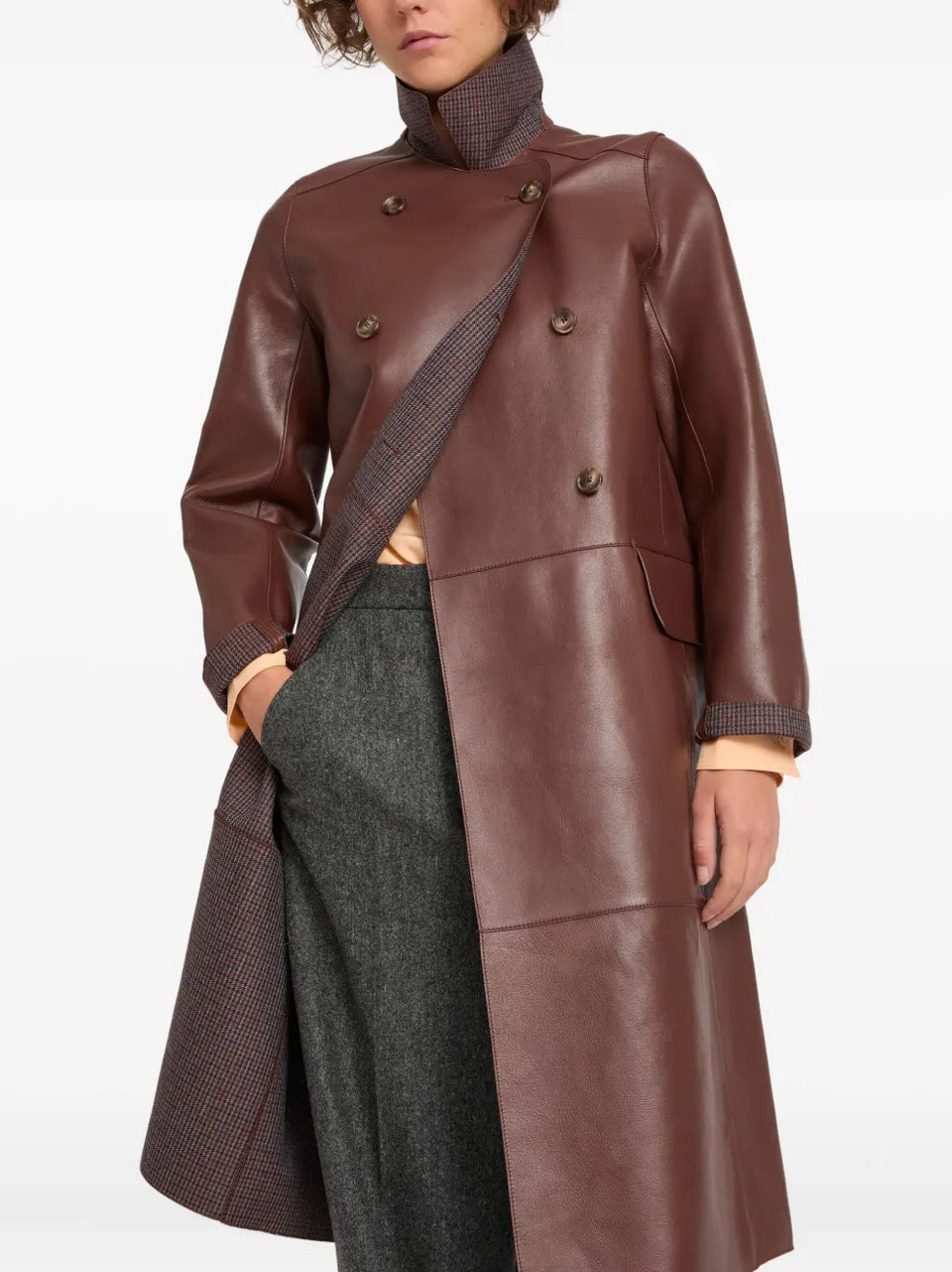 double-breasted leather coat