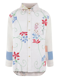 floral-embroidery linen shirt