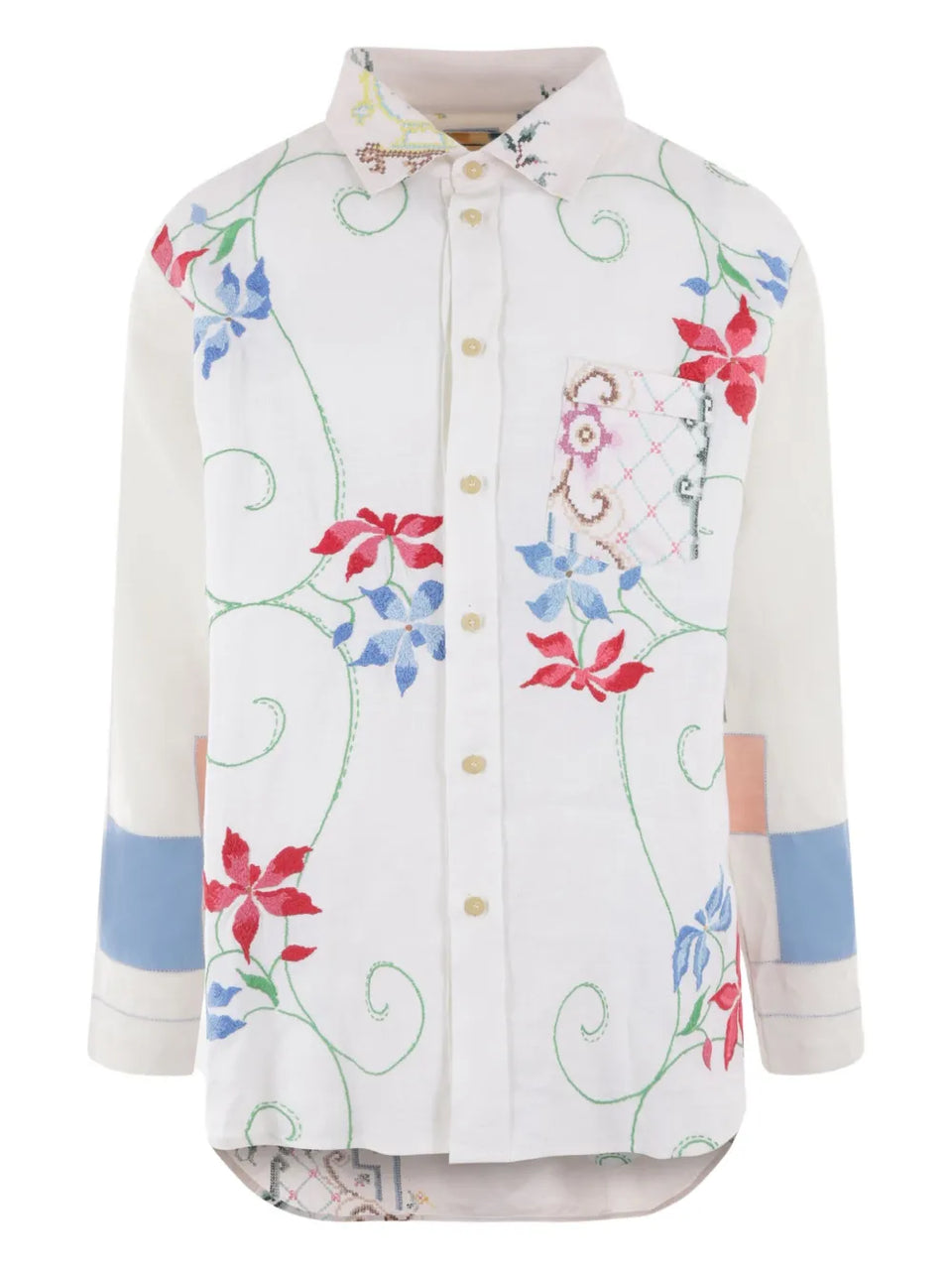 floral-embroidery linen shirt