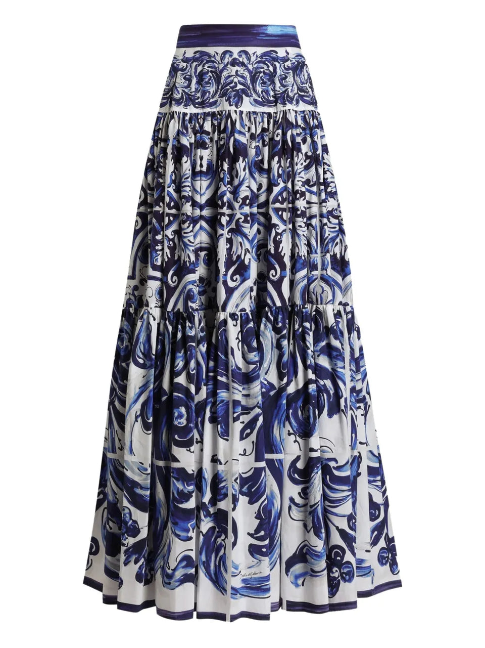 Majolica-print tiered skirt