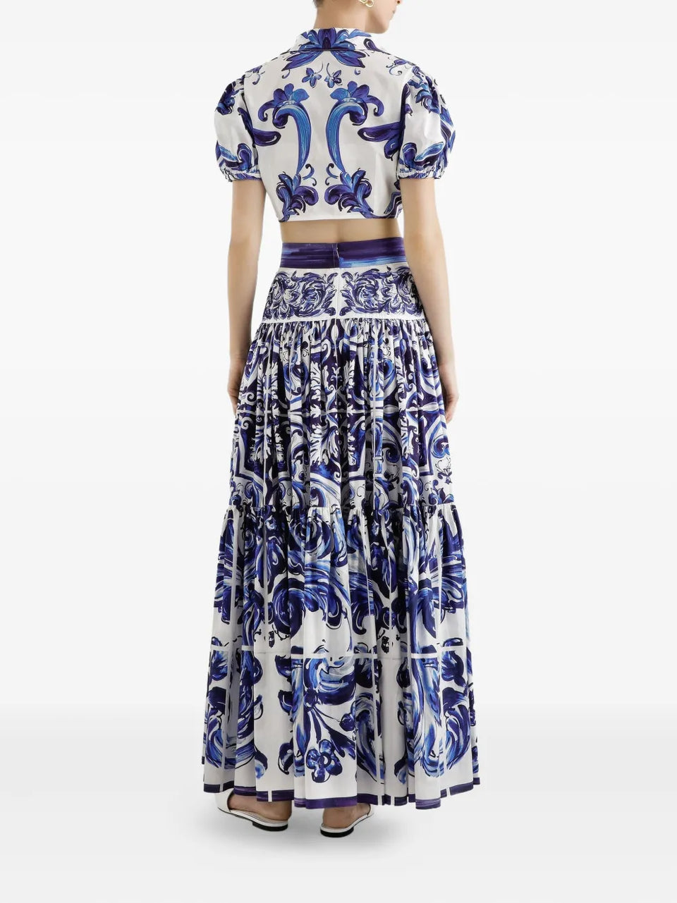 Majolica-print tiered skirt