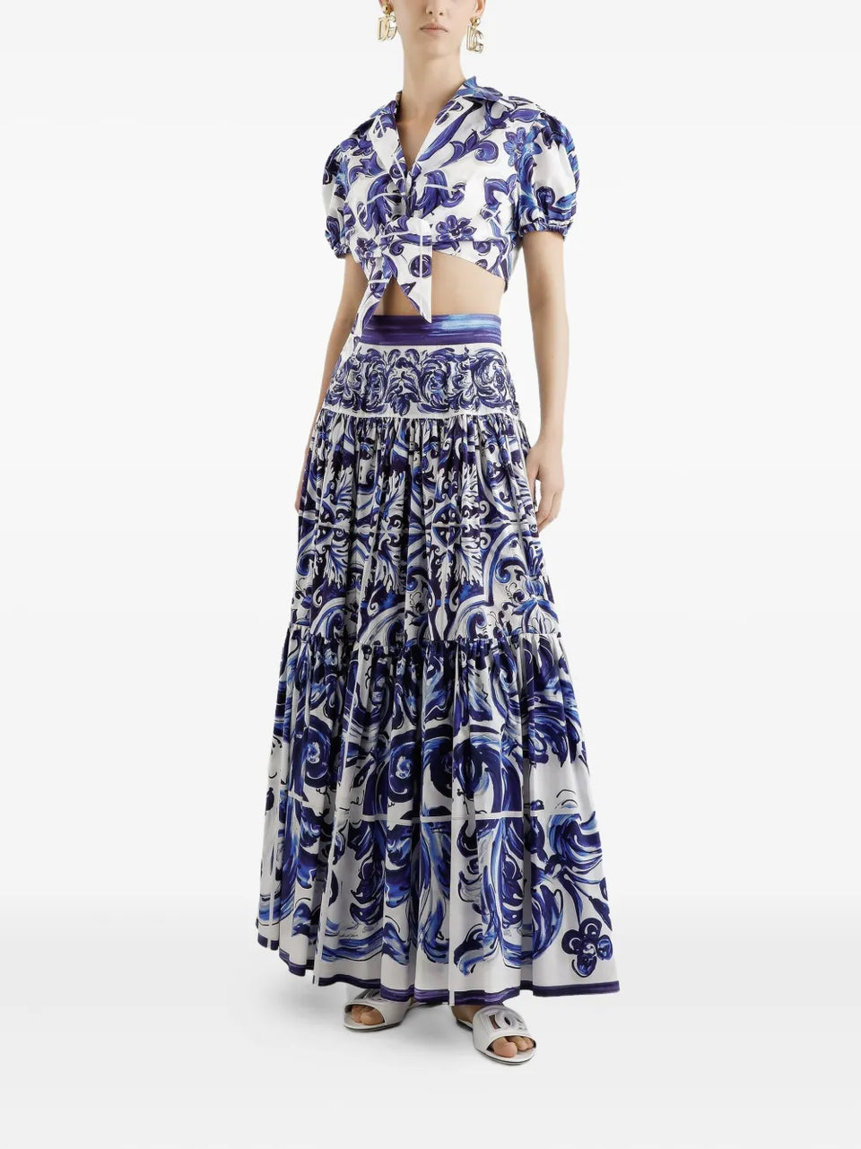 Majolica-print tiered skirt