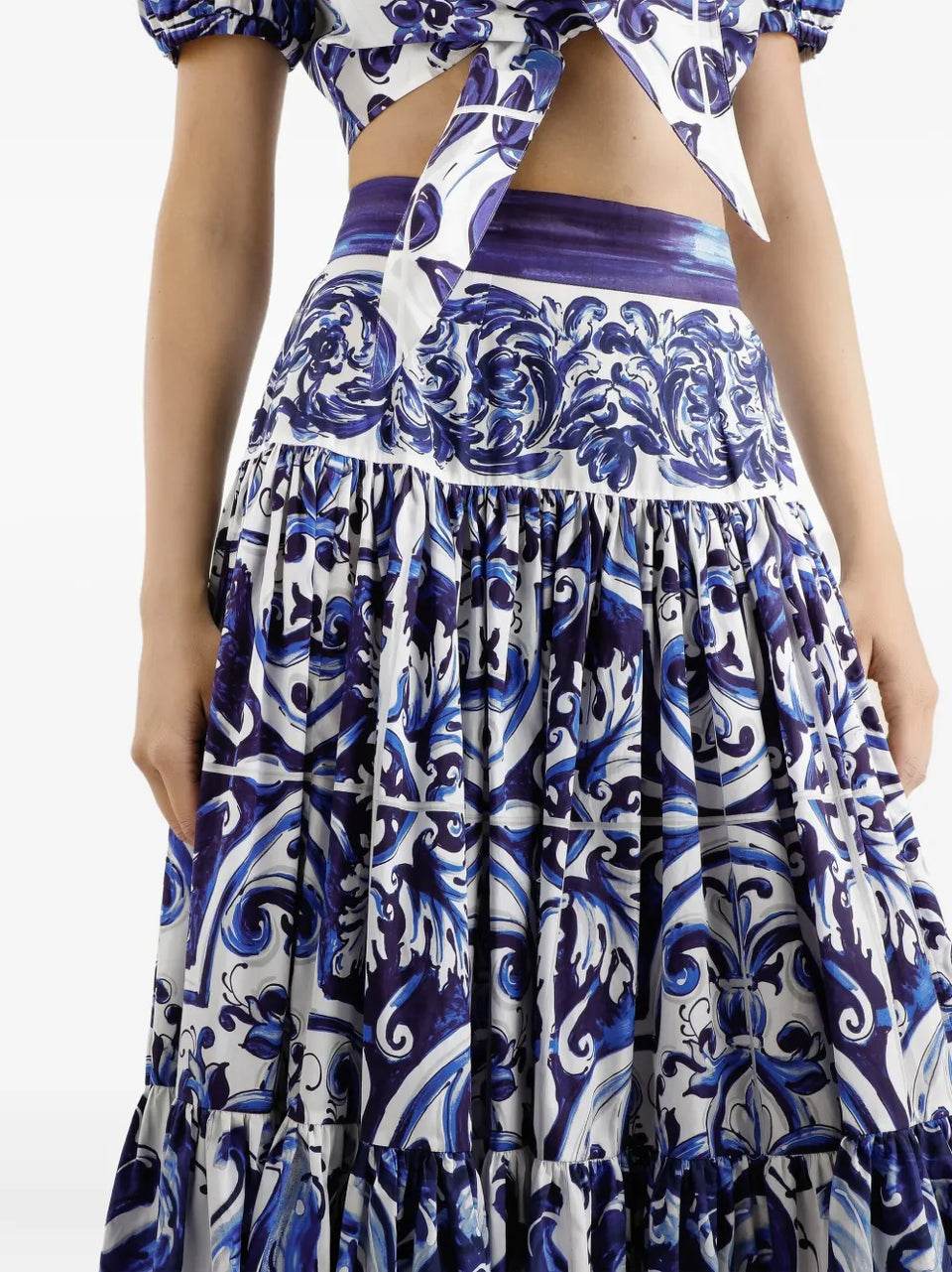 Majolica-print tiered skirt