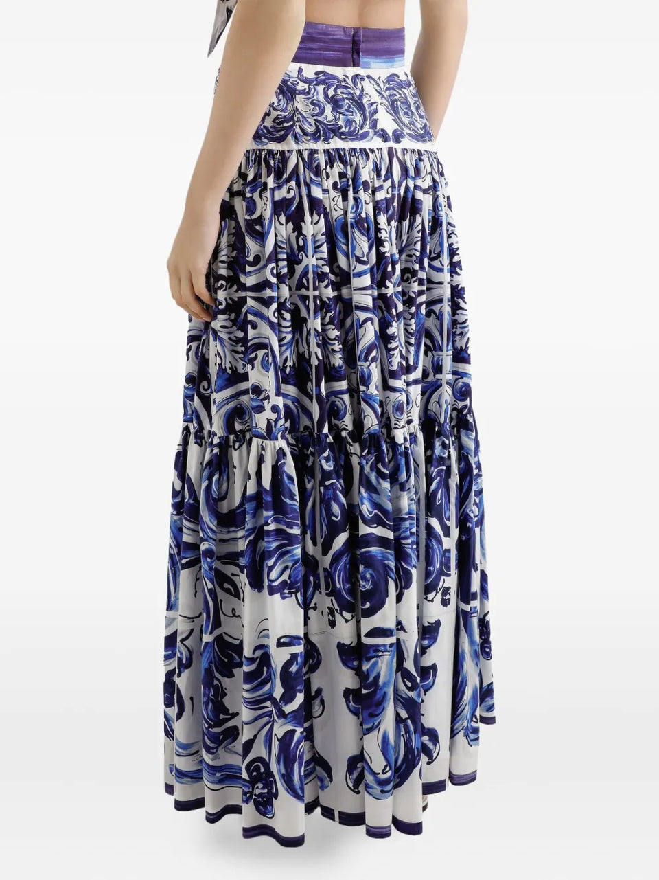 Majolica-print tiered skirt